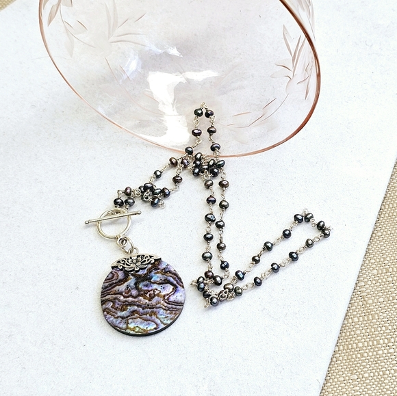 925 Silver Abalone and Pearl Station Necklace - Picture 11 of 15